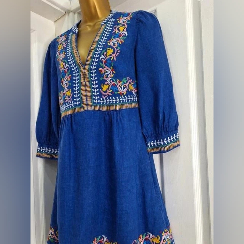 Boden Dakota Blue linen embroidered dress